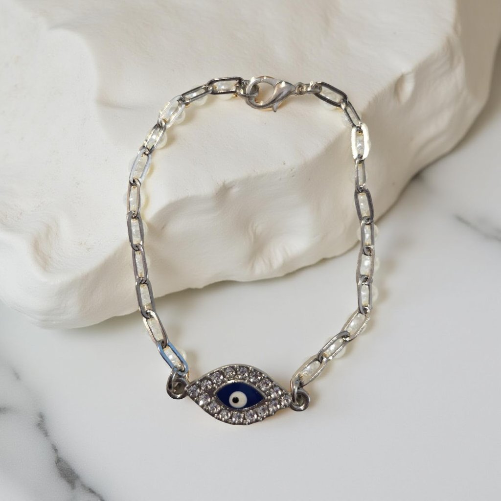 Silver Paperclip Chain Evil Eye Bracelet~ 7 Inches